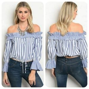WHITE BLUE STRIPES OFF SHOULDER TOP